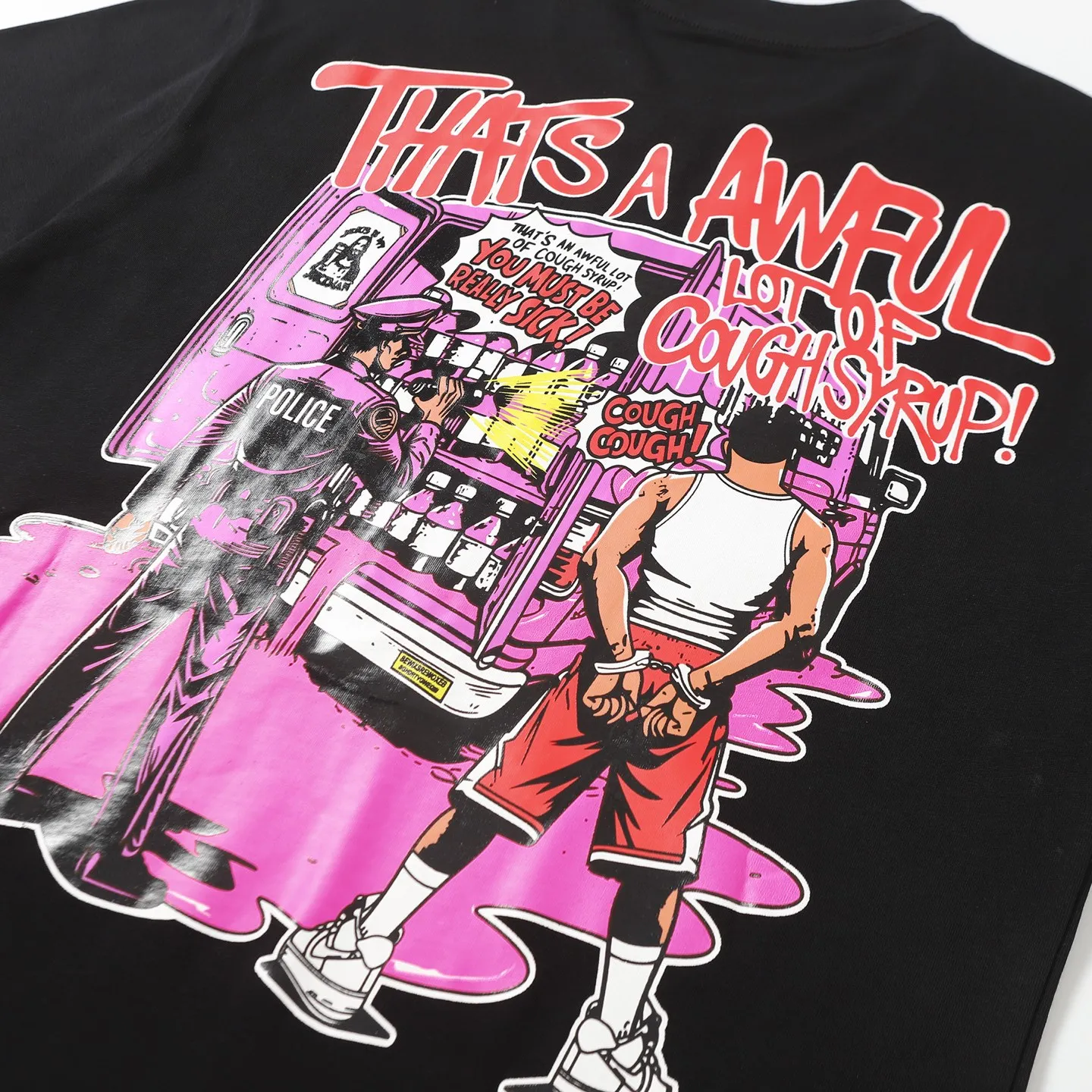 #Black ｜ THAT'S A AWFUL LOT OF COUGH SYRUP In Stock Real shot American simple trendy brand loose casual T-shirt Fabric (fabric): 32 counts Weight combed double yarn pure cotton Sizes (size): S-M L X L Color (colour): Black 👉